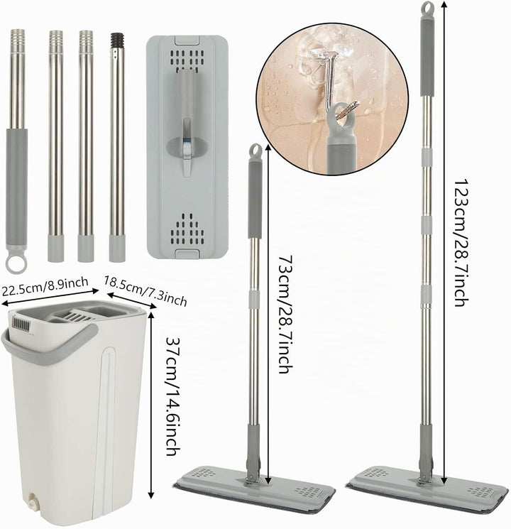 ASelected Flaches Mopp- und Eimer-Set, freihändiger Quetschmopp mit 10 wiederverwendbaren Mikrofaser