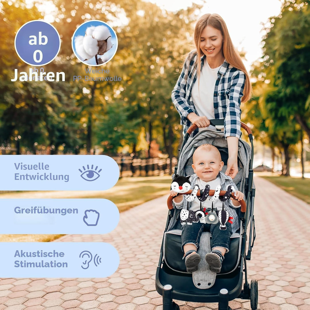 Funsland Kinderwagen Spielzeug, Baby Activity Spirale Spielzeug mit Musik, Hängen Plüsch Schwarz Wei