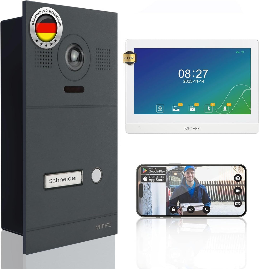 Mathfel 2-Draht IP Video-Türsprechanlage mit Türöffner – Full-HD Kamera, 10" Monitor & App-Steuerung