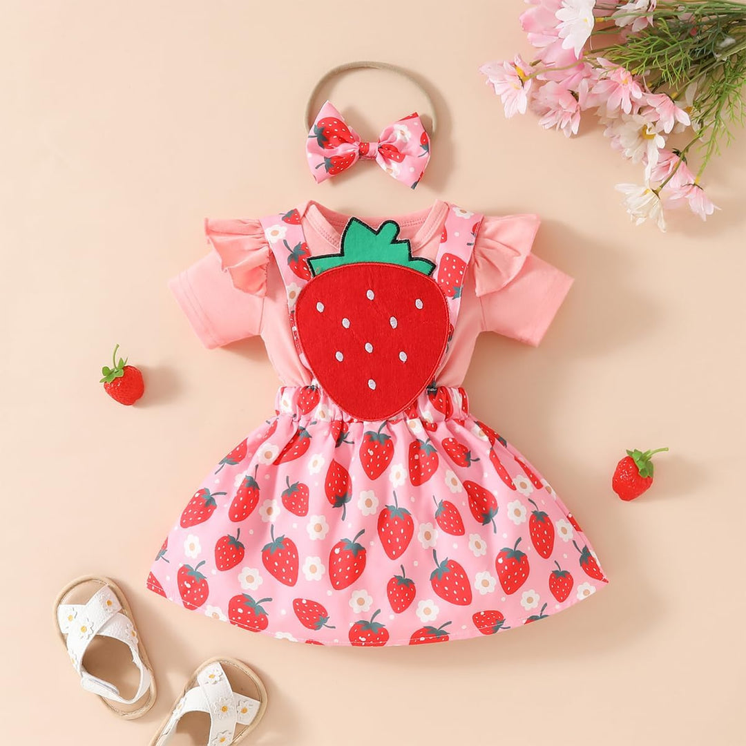 Neugeborenes Baby Mädchen Röcke Sets Kurzarm Rüschen Top + Bedrucktes Overalls Hosenträger Kleid + S