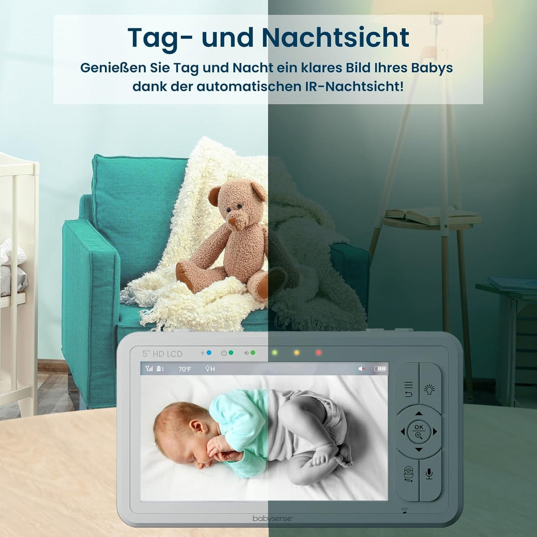 Babysense Baby Monitor mit 5" HD Split-Screen, Babyphone mit 2 HD-Kameras, Fernbedienung PTZ, Nachtl