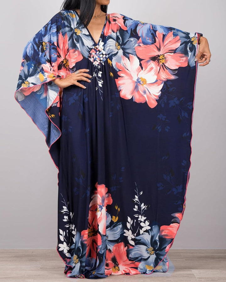 Bsubseach Damen Ethnic Print Kaftan Beach Dress Plus Size Strandkleid F-Navy Blume, F-Navy Blume
