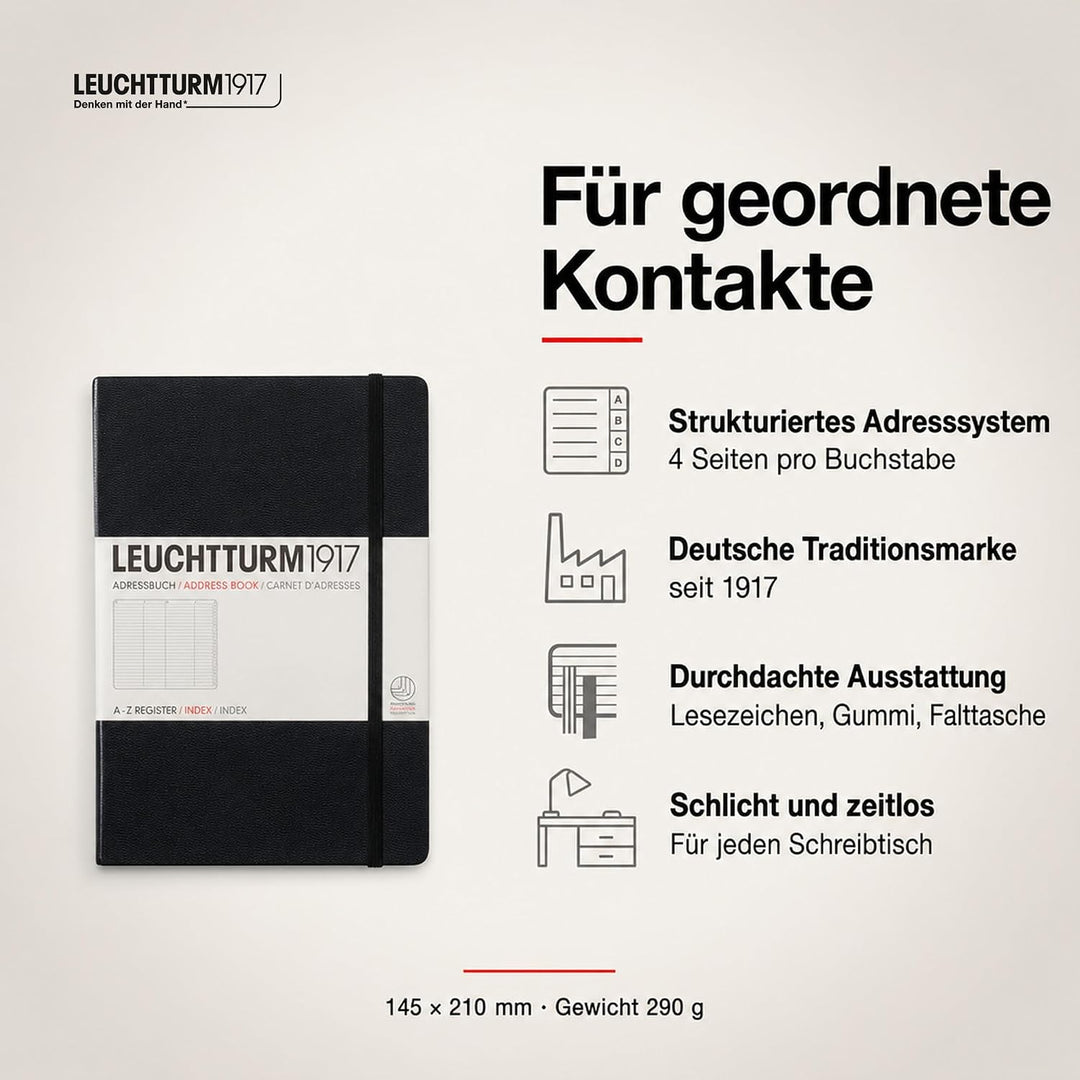 LEUCHTTURM1917 330862 Adressbuch Medium (A5), Hardcover, Schwarz, Medium (A5)