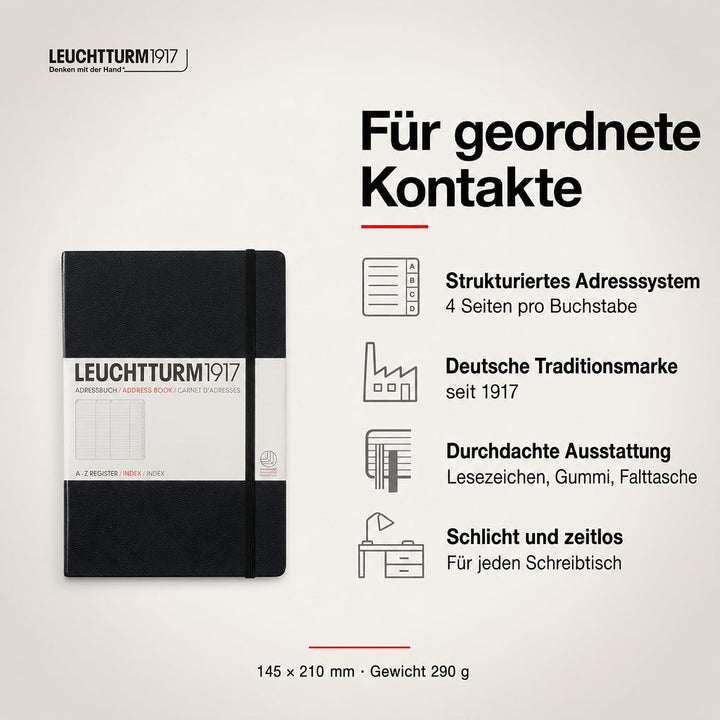 LEUCHTTURM1917 330862 Adressbuch Medium (A5), Hardcover, Schwarz, Medium (A5)