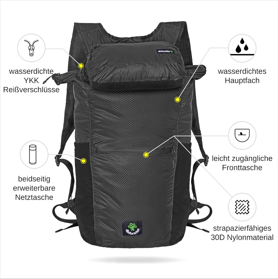 4Monster Faltbarer Rucksack Ultra Leicht, Unisex Tagesrucksack Outdoor, 2in1 Gürteltasche, Wasserdic