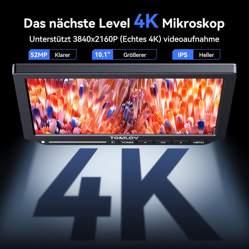 TOMLOV TM4K-AF Max Autofokus Digital Mikroskop 2000X, 4K 10,1" IPS-Schwenkarm-Lötmikroskop für Erwac