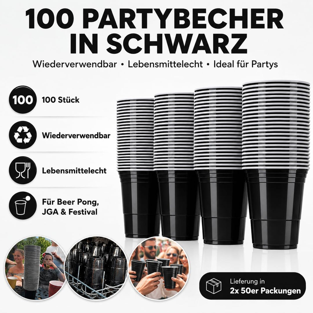 MYBEERPONG® Schwarzes Bierpong Set: 100 Black Cups (Markierung 0,4l + 0,5l) + 6 Beer Pong-Bälle – Wi