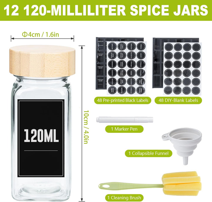 12 Stück Gewürzgläser Eckig Set Gewürzglas Aus Glas Spice Jars 120ML Gewürzdosen Mit Etiketten Marke