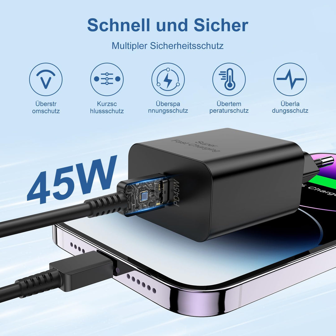 45W USB C Ladegerät für Samsung S25, Schnellladegerät mit Typ-C Ladekabel 2M, Fast Charger Adapter N