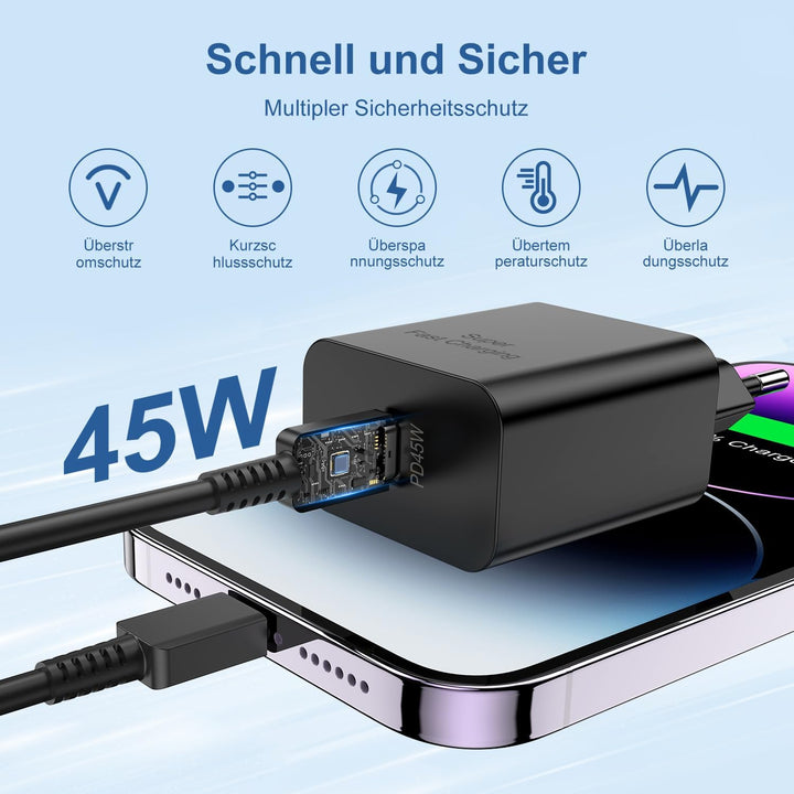 45W USB C Ladegerät für Samsung S25, Schnellladegerät mit Typ-C Ladekabel 2M, Fast Charger Adapter N
