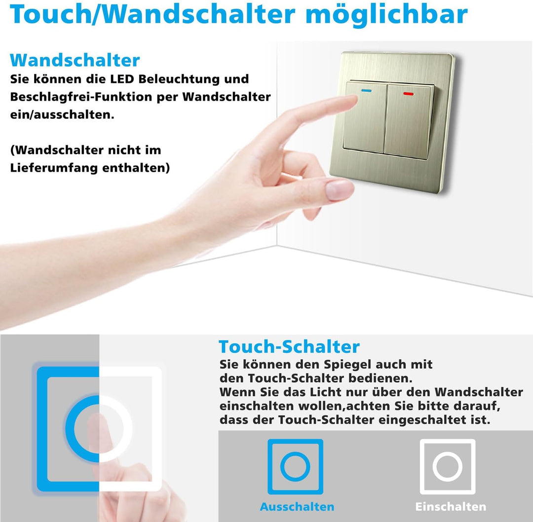 LED Badspiegel 80x60cm Halbrund Badspiegel mit Beleuchtung Anti-Beschlag Wand/Touchschalter 3 Lichfa