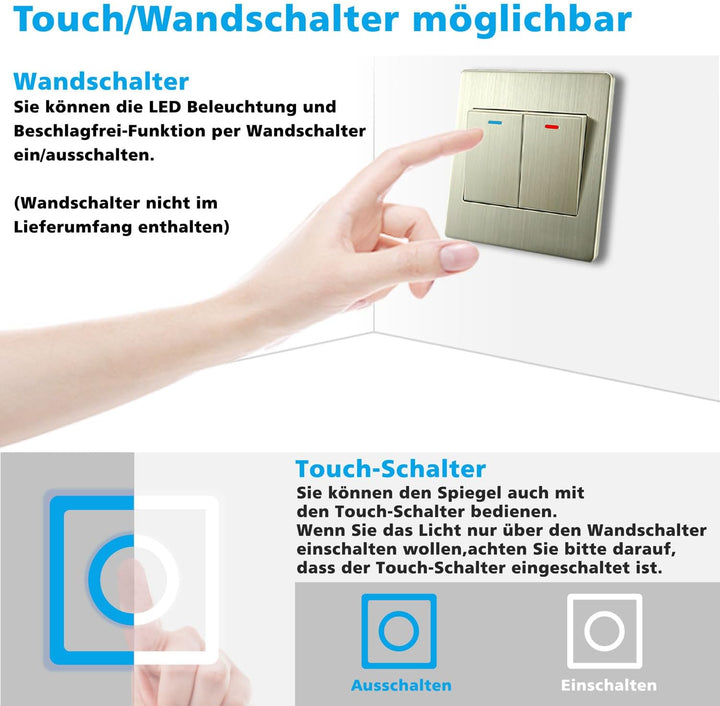 LED Badspiegel 80x60cm Halbrund Badspiegel mit Beleuchtung Anti-Beschlag Wand/Touchschalter 3 Lichfa