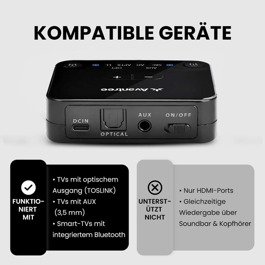 Avantree HT41899 Plus 2 – Dual Bluetooth 5.3 Kabellose Kopfhörer für Fernseher, mit Sender & Lade-Do
