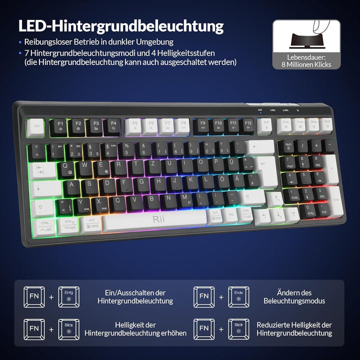 Rii Maus und Tastatur Kabellos Gaming, Tastatur Maus Set, Bluetooth + 2,4GHz Verbindung, LED-Hinterg