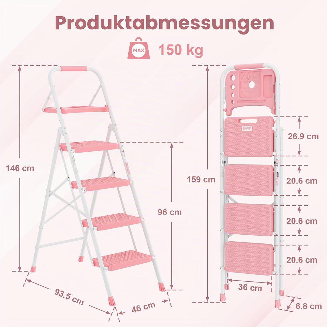BONTEC Trittleiter 4 Stufen Klappbar, 181kg Kapazität mit Breiten Anti-Rutsch-Pedalen, Faltbarer Sta
