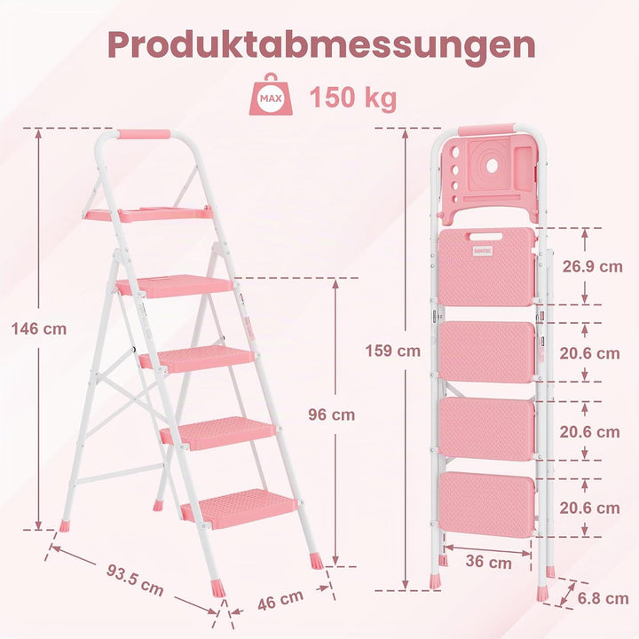 BONTEC Trittleiter 4 Stufen Klappbar, 181kg Kapazität mit Breiten Anti-Rutsch-Pedalen, Faltbarer Sta