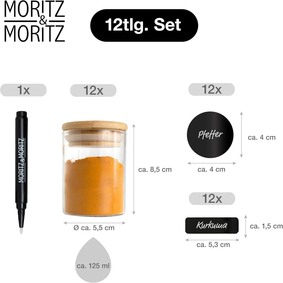 Moritz & Moritz 12 Gewürzgläser Set je 125ml - Gewürzdosen Glas inkl. Tafelsticker & Kreidestift – L