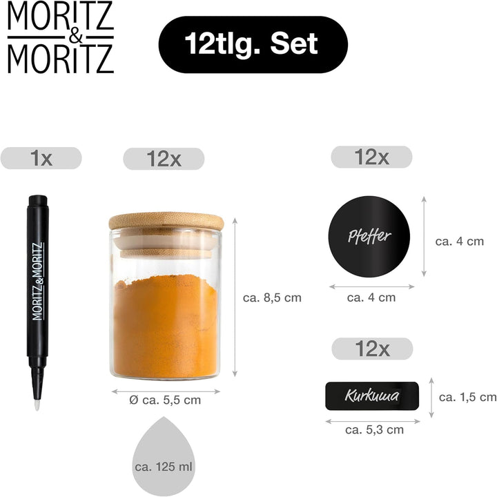 Moritz & Moritz 12 Gewürzgläser Set je 125ml - Gewürzdosen Glas inkl. Tafelsticker & Kreidestift – L