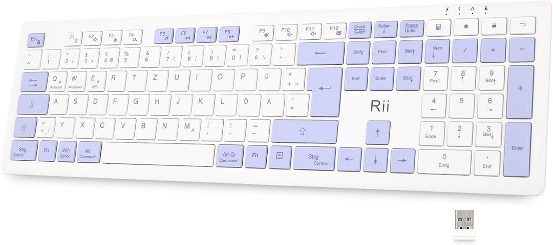 Rii Tastatur Kabellos Büro, Wireless Keyboard Office mit QWERTZ, Kabellose Tastatur Weiss mit 2.4GHz