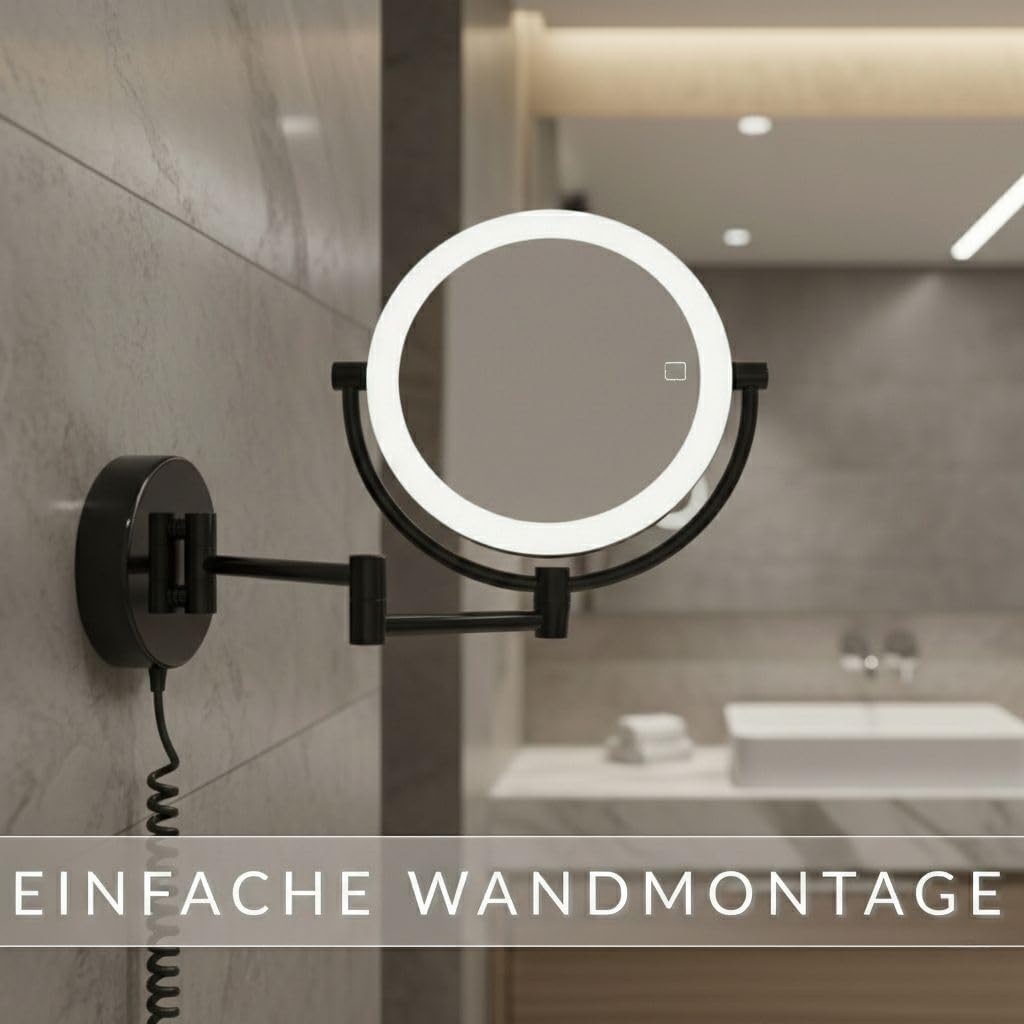 LED Kosmetikspiegel Modena schwarz – 360° Wand-Schminkspiegel mit Dimmer, Tageslicht-LEDs &amp; 5x/10x V