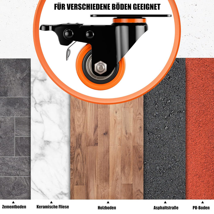 4 Stück Möbelrollen Ø50mm mit Bremsen inkl. Montagezubehör Lenkrollen Transportrollen 360° Drehung b