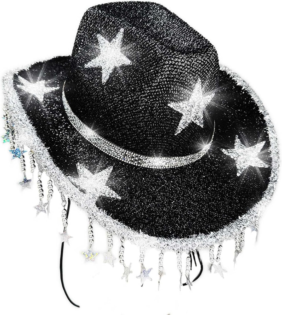 Glitzer Cowboyhut mit Pailletten Sternen & Fransen - Funkelnder Westernhut Disco Partyhut für Damen