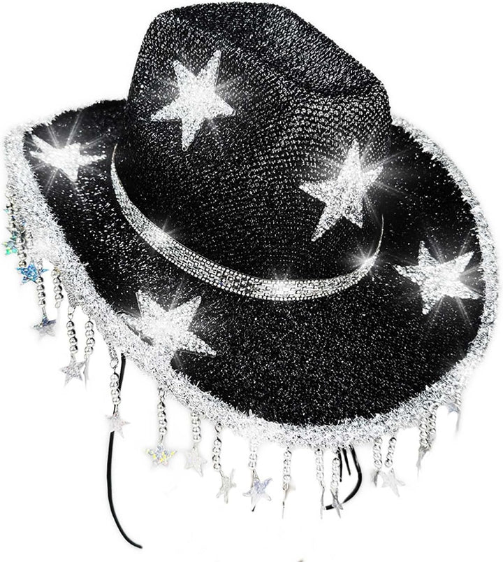 Glitzer Cowboyhut mit Pailletten Sternen & Fransen - Funkelnder Westernhut Disco Partyhut für Damen
