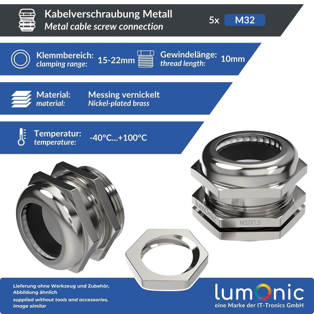 Lumonic 5er Set Kabelverschraubung Metall M32 | Klemmbereich 15-22mm | IP68 | mit Gegenmutter | Mess