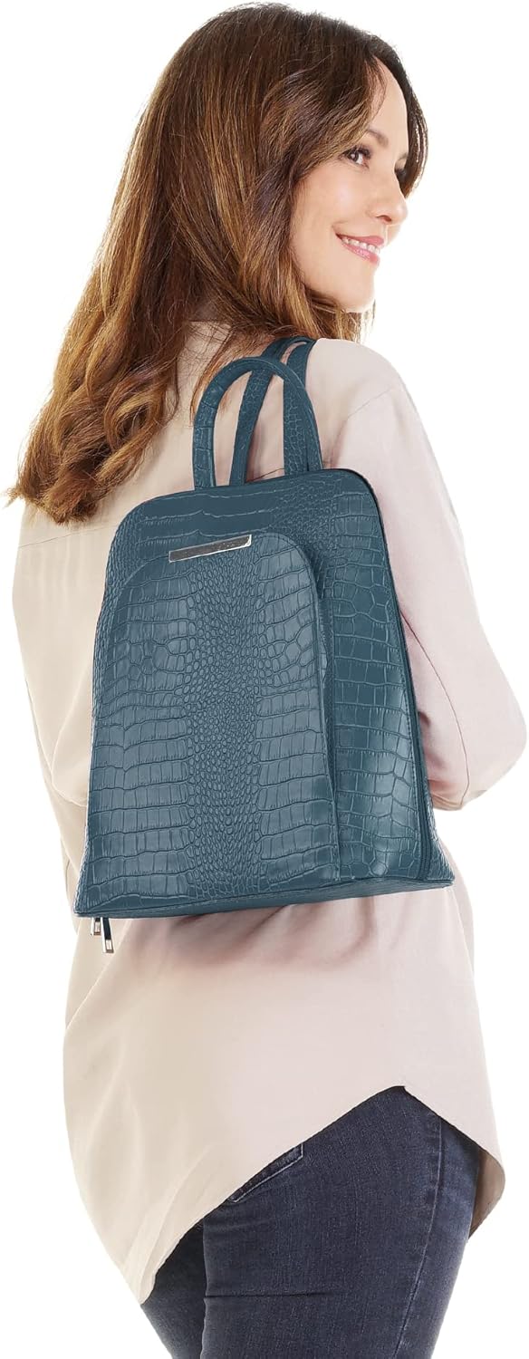 Rucksack Echt Leder Damen | Made in Italy, Smartphonefach, Daypack aus Rindleder, Citybag im Kroko-L