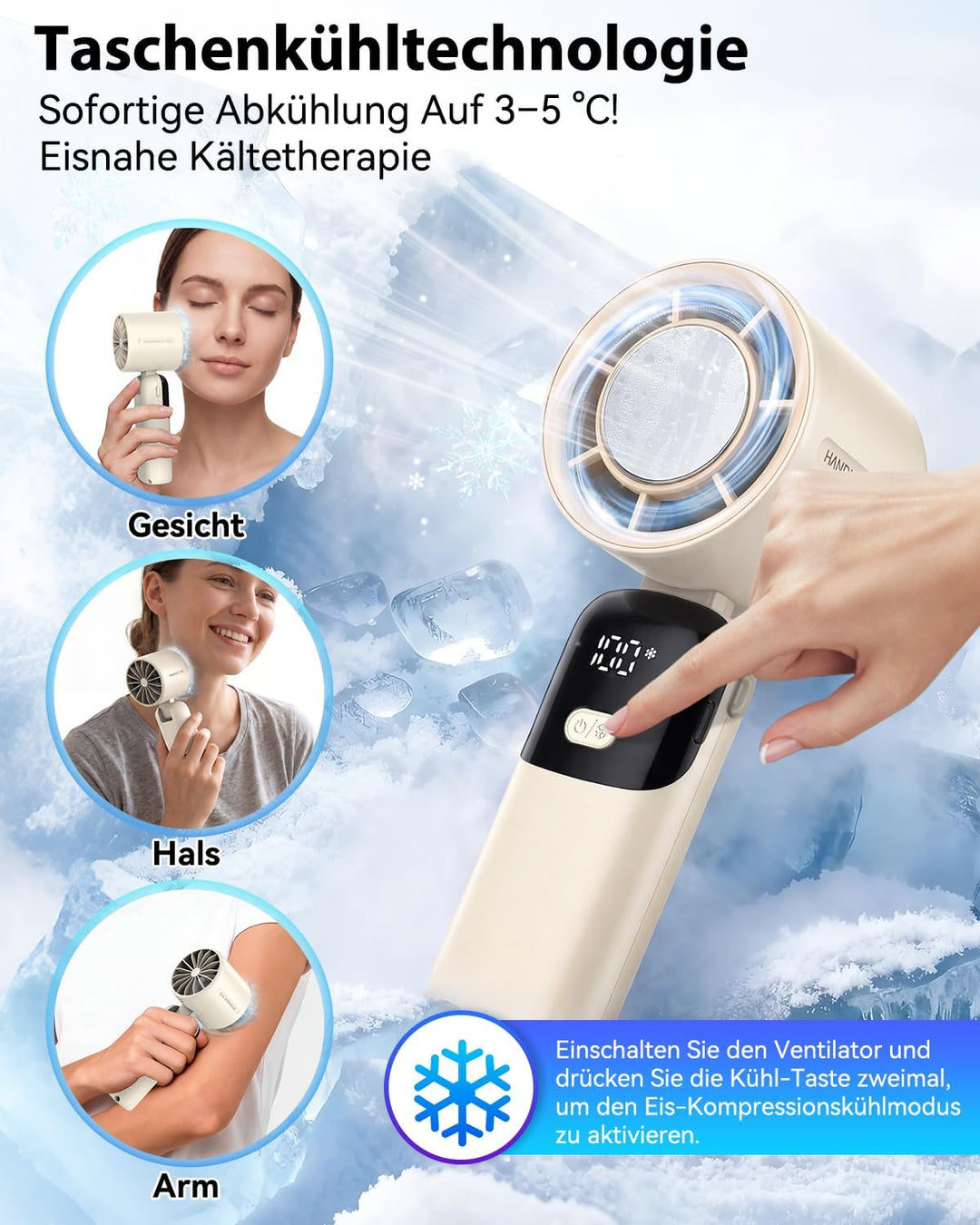 Timiyou Tragbarer Handventilator mit 100 Windstufen &amp; Eiskühlung | 3-in-1 Turbo 9m/s, 3600mAh Akku 1