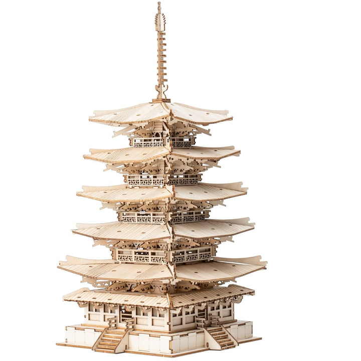 ROBOTIME 3D Puzzles Holz Mechanischer Modellbausätze DIY Fünfstöckige Pagode Bastelsets Kreative Puz