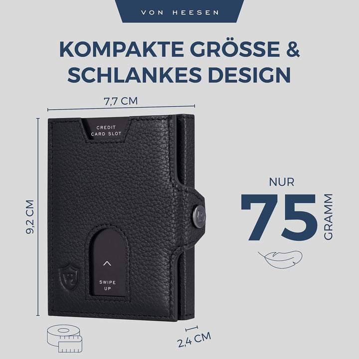 VON HEESEN Slim Wallet mit XXL Münzfach & RFID-Schutz - Leder Geldbeutel - Mini Geldbörse für Herren