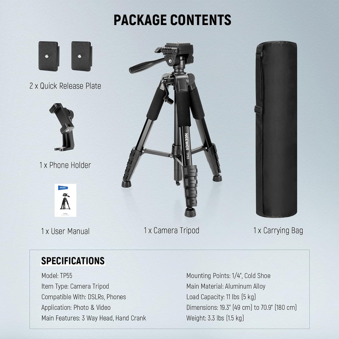 NEEWER Basics Kamera Stativ, 71'' Tripod mit Handyhalterung, kompatibel mit iPhone für Videoaufnahme