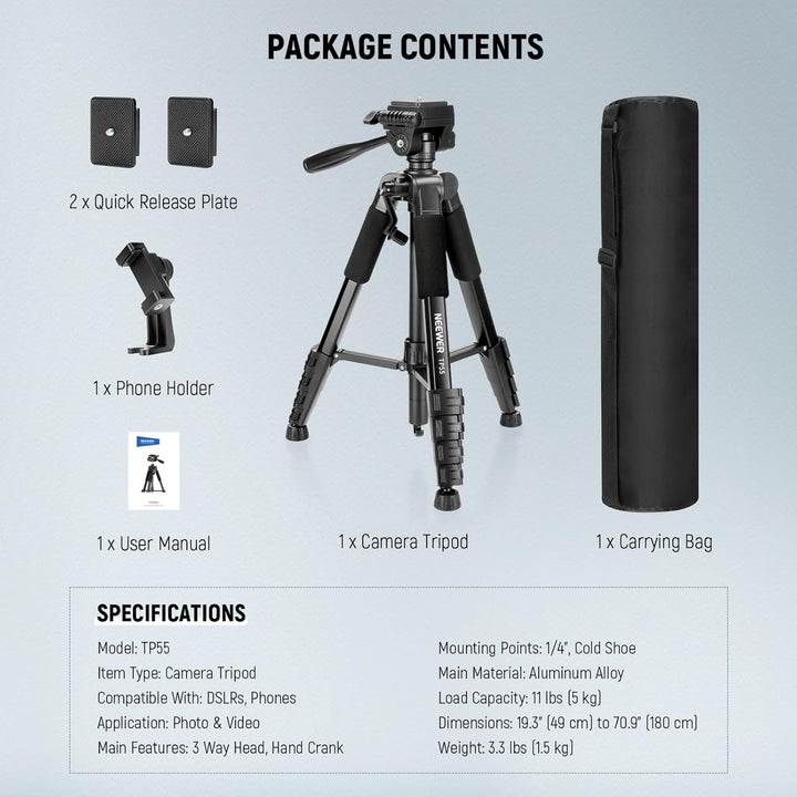 NEEWER Basics Kamera Stativ, 71'' Tripod mit Handyhalterung, kompatibel mit iPhone für Videoaufnahme