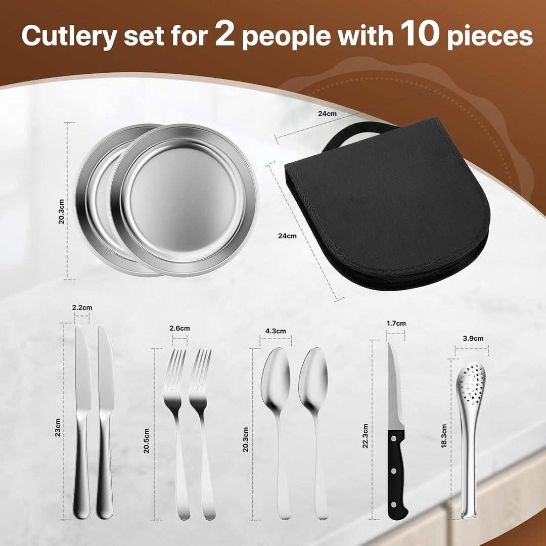 Camping Geschirr Set 2 Personen, 10 Stück Tragbars Campingbesteck Set aus Edelstahl mit einer Tasche