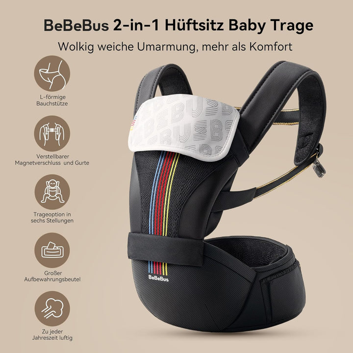 Babytrage mit Hüftkissen, 2-in-1 Verstellbar &amp; Abnehmbar, Atmungsaktiv &amp; Einfach zu Tragende Tragehi