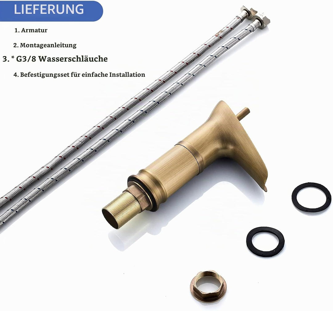 ROWINNAO Wasserfall Wasserhahn Bad Antik Messing, Kurz Waschtischarmatur Bad Retro Gold, Einhebel Ba
