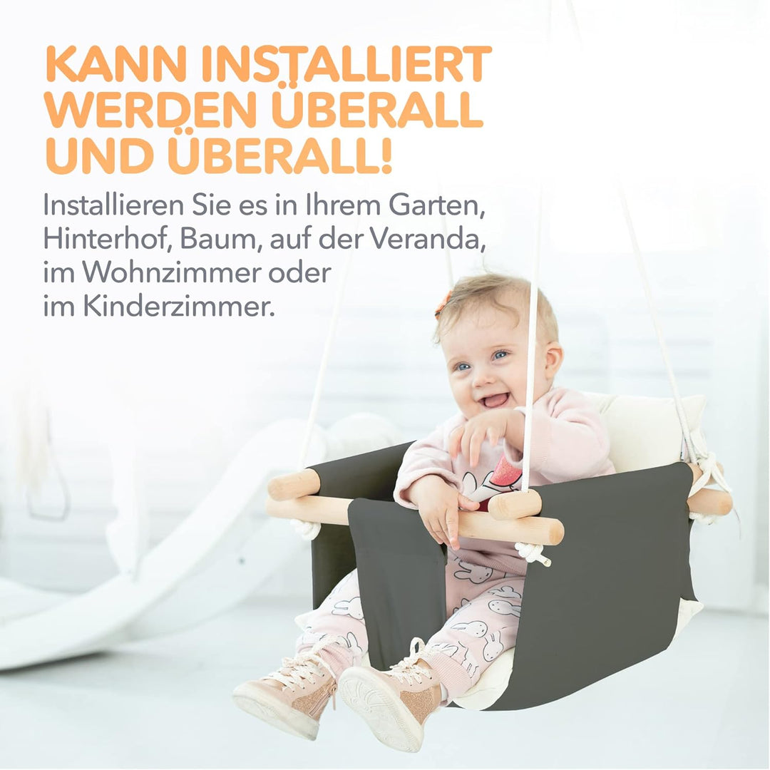 Cateam Canvas Babyschaukel Blau - Hängesessel aus Holz für Baby mit Sicherheitsgurt und Montageteile