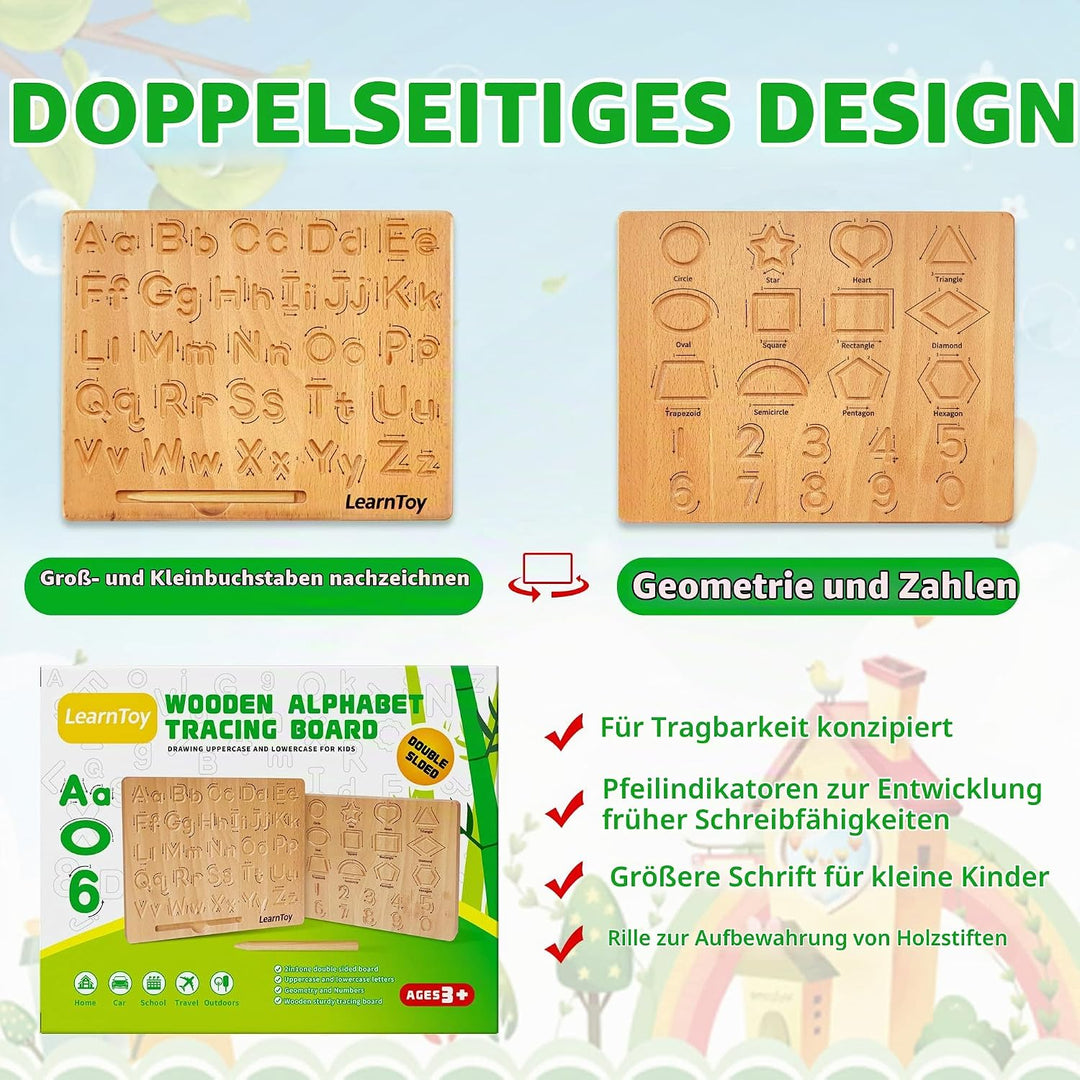 LearnToy Holz-Alphabet Schreibtafel - Montessori Spielzeug Ab 3-5 Jahre - Training Buchstaben - Beid
