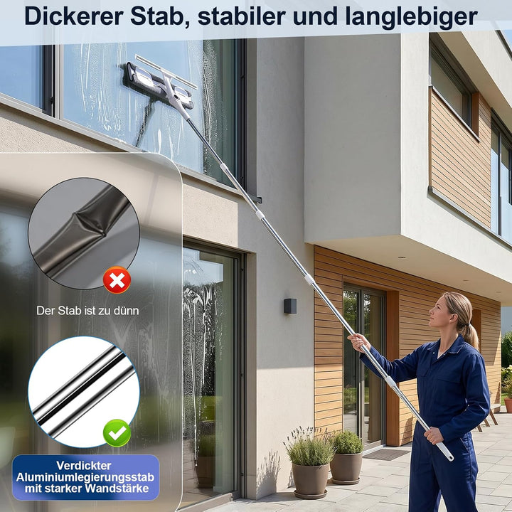 4m Teleskop Fensterputzer Set mit 2 Fensterabzieher für hohe Fenster | 2 in 1 Teleskopstange Fenster