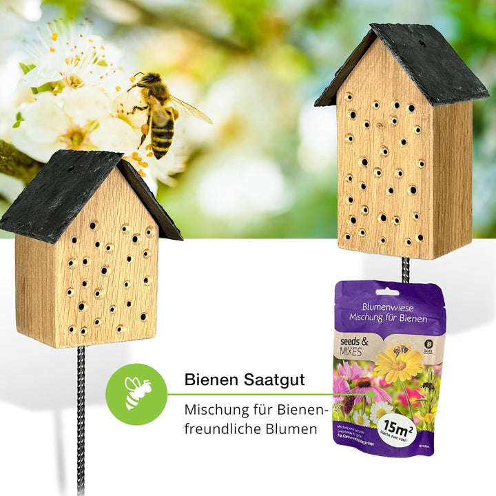 GARTENETAGE Geschenkset Bienenoase – Wildbienenhotel aus Eichenholz mit Schieferdach & Blumenwiese M