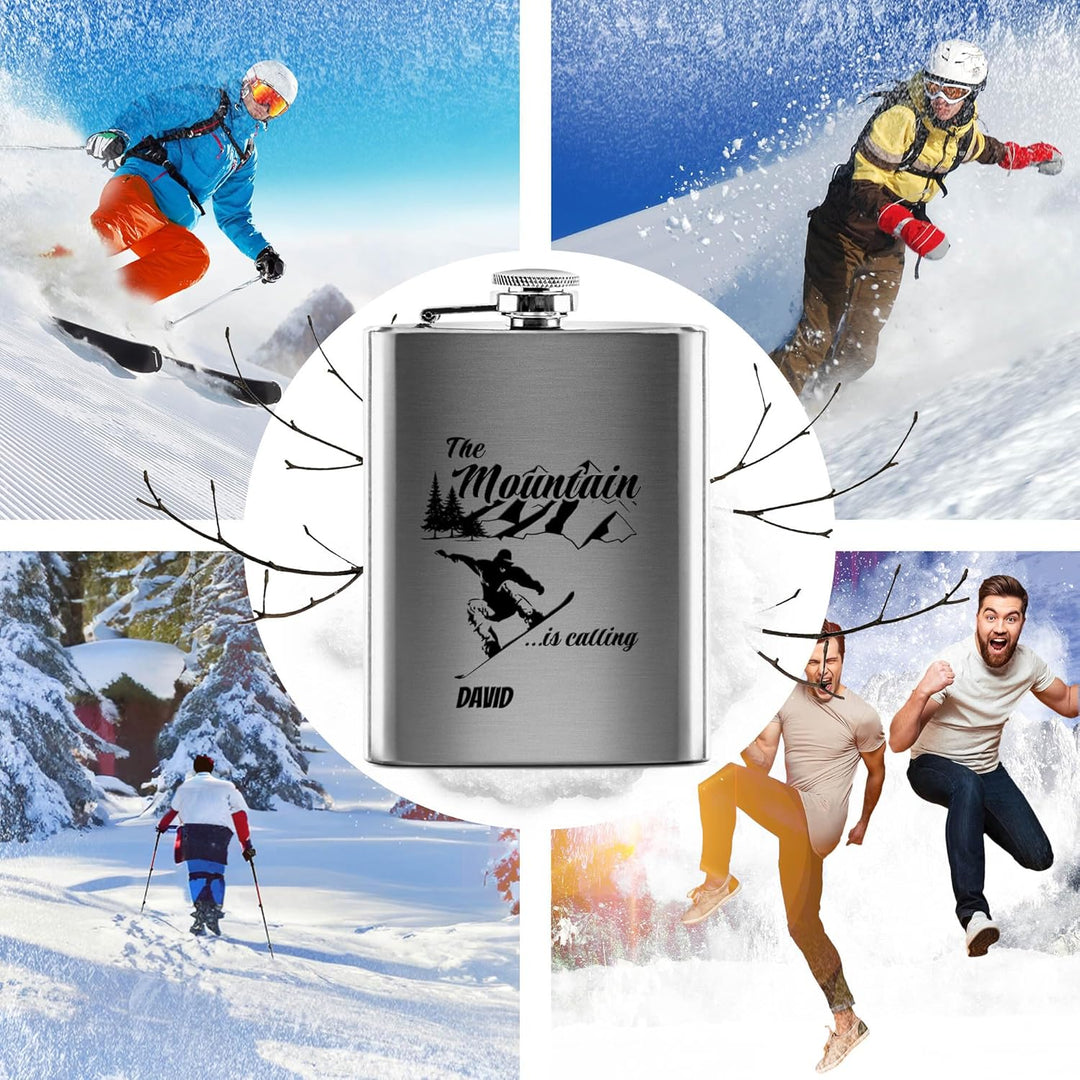 Flachmann mit Gravur aus Edelstahl selbst gestalten - The mountain is calling! - mit Name gravieren