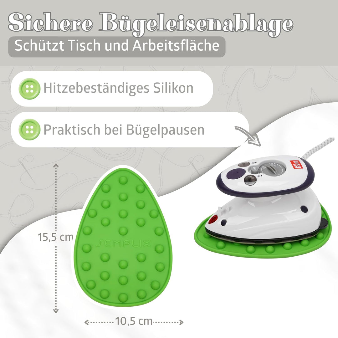 Prym Mini Dampf Bügeleisen Mit SEMPLIX Silikon Ablage (grün) Im Set, Kleines Leichtes Dampf Bügeleis