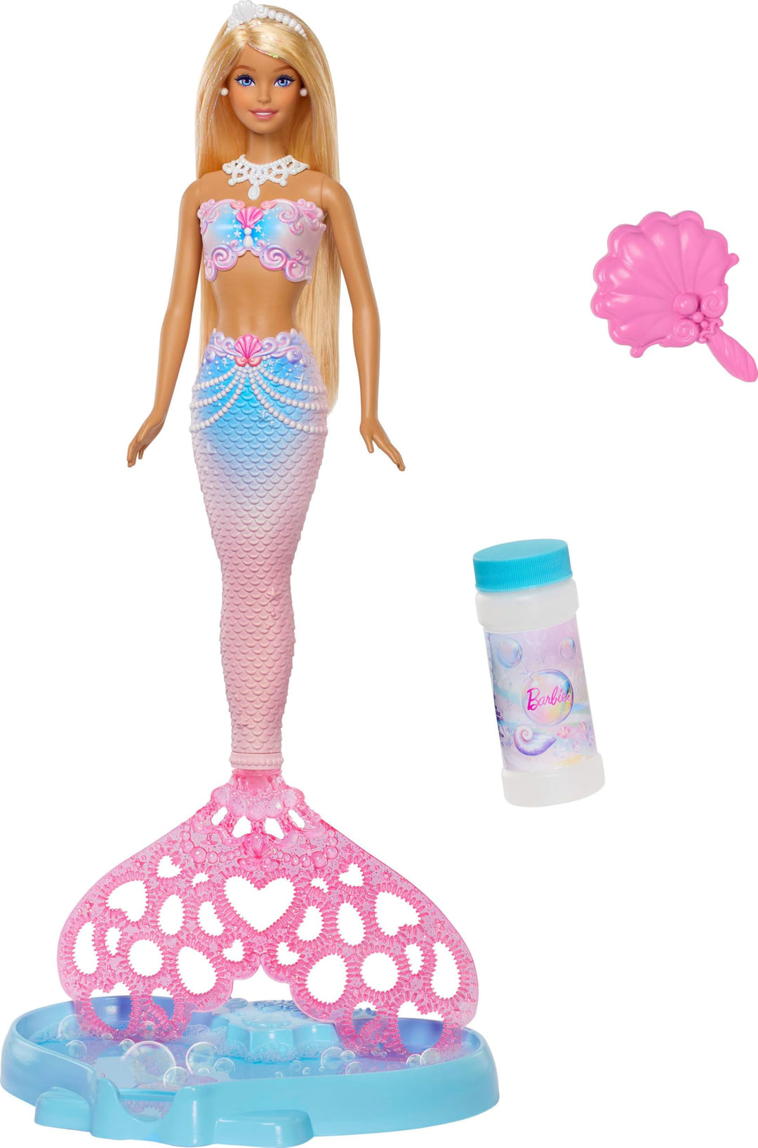 Barbie Bubble Sparkle Meerjungfrau-Puppe mit Seifenblasenfläschchen und -lösung, Tablett und Bürste,