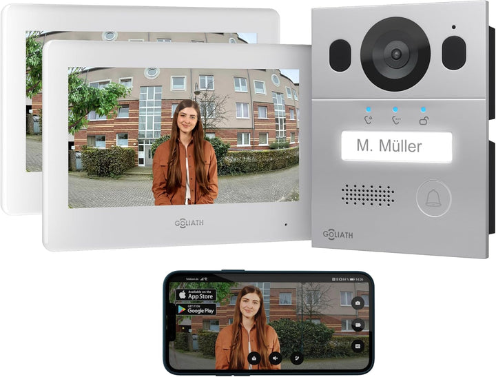 GOLIATH Basic Video Türsprechanlage, 2 Draht Bus, 2X 7 Monitor, Unterputz Türklingel mit Kamera, Geg