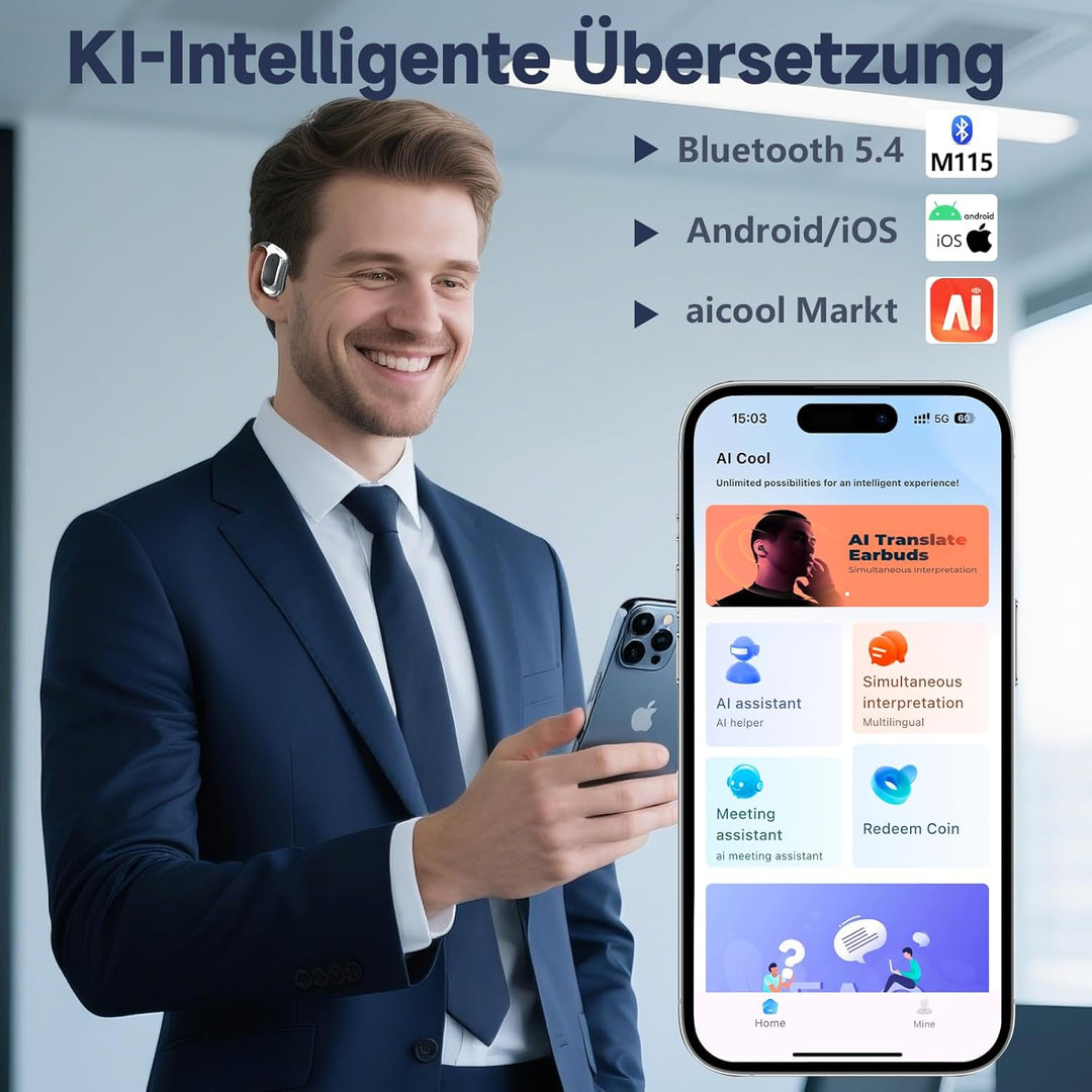 KI Übersetzer Kopfhörer mit Echtzeit Übersetzung, Bluetooth 5.4, HiFi Sound, LED Batteriestandsanzei