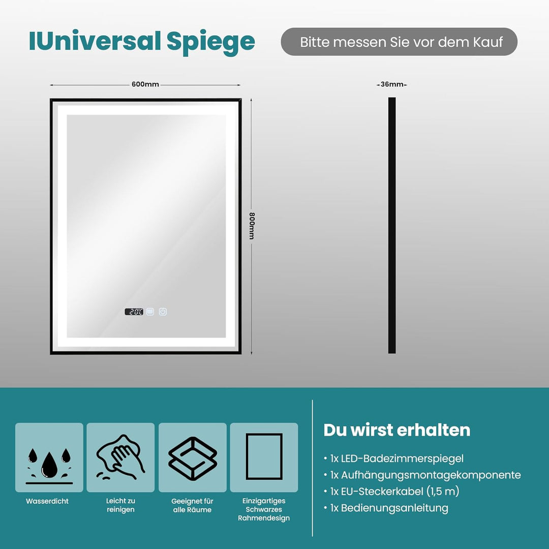YOURLITE Badspiegel mit Beleuchtung 60x80cm, Badezimmerspiegel mit Beleuchtung LED mit Uhr, 3 Lichtf