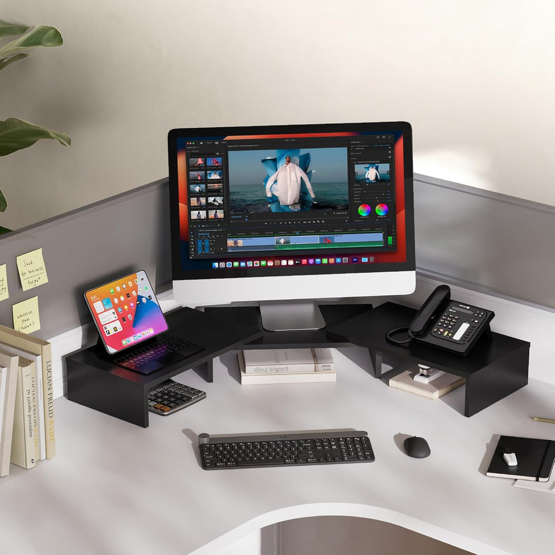 FITUEYES Dual Monitorständer aus Holz, Verstellbare Länge und Schwenkwinkel Bildschirmständer, Monit