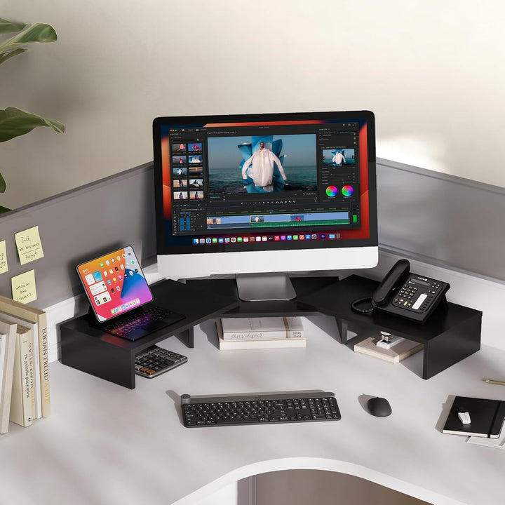 FITUEYES Dual Monitorständer aus Holz, Verstellbare Länge und Schwenkwinkel Bildschirmständer, Monit