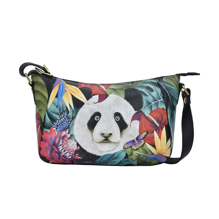 Anuschka Handbemalte Hobo Schultertasche aus Echtleder Happy Panda, Happy Panda